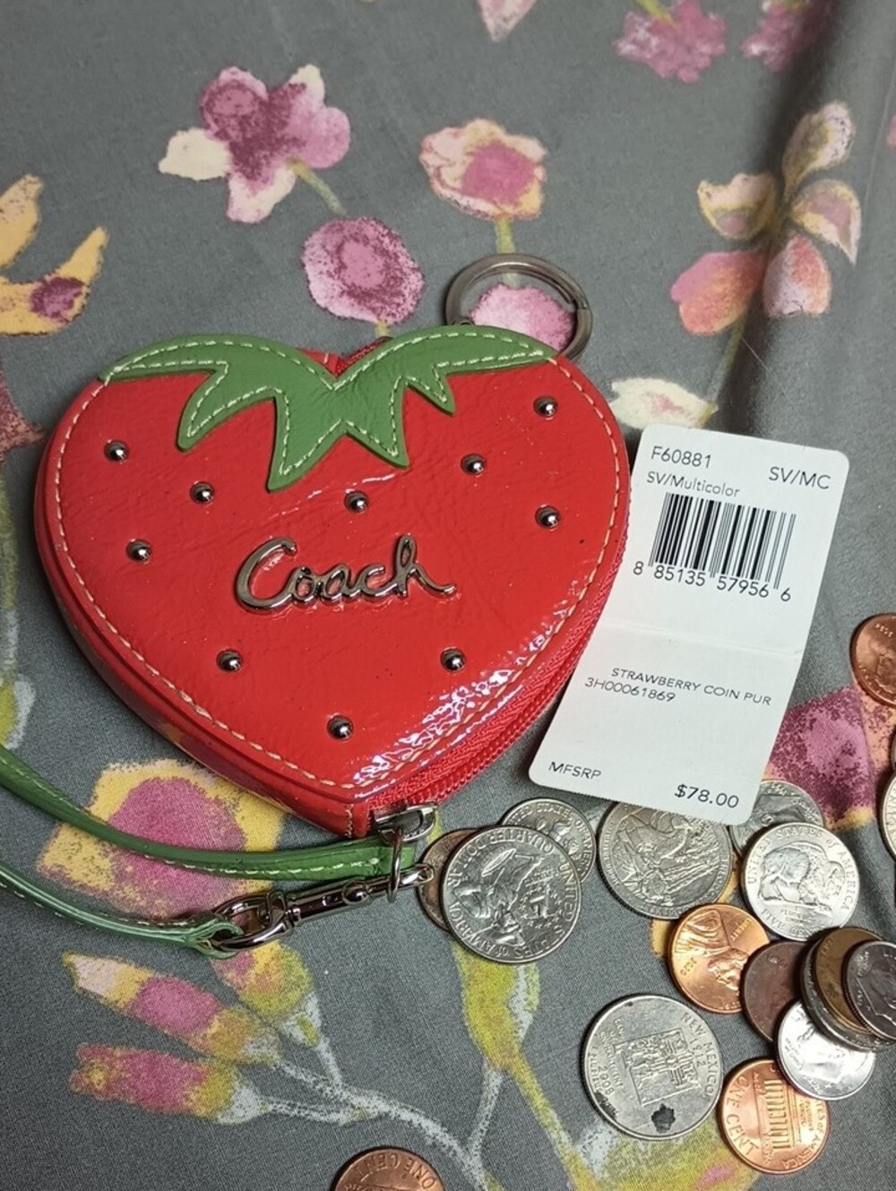 Vintage Coach Strawberry Leather Coin Purse Key Ring Bag Charm F60881 Y2K Rare - Picture 1 of 10